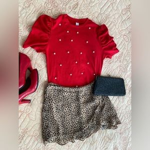 Red poof sleeve rib knit top sweater with pearl detail XL Minnie Disney pinup